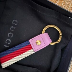 Gucci Blue-Red-White Web Stripe Keyring with and Gold Hardware. Box & dust bag